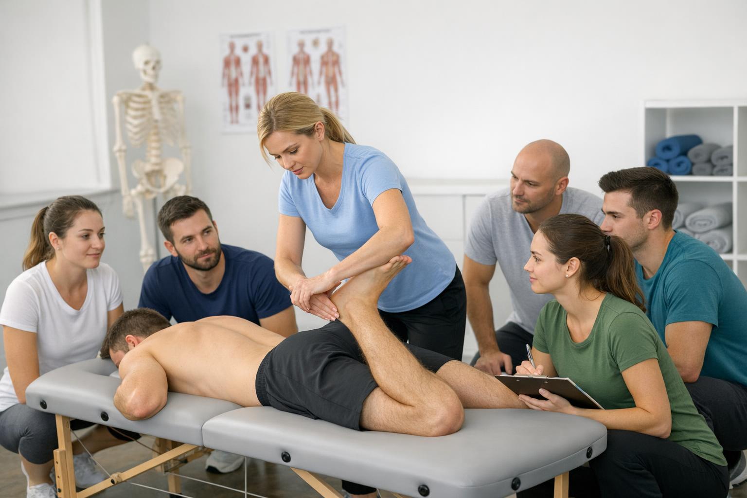 Grupa fizjoterapeutów na szkoleniu praktycznym