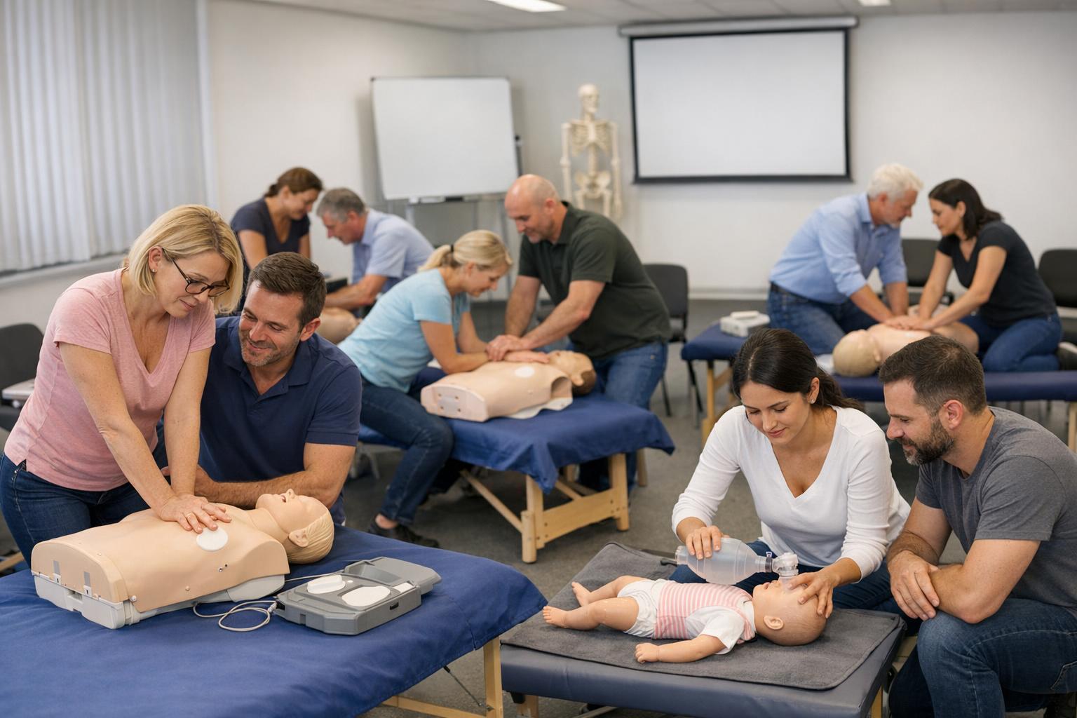 Sala szkoleniowa z manekinami i uczestnikami kursu