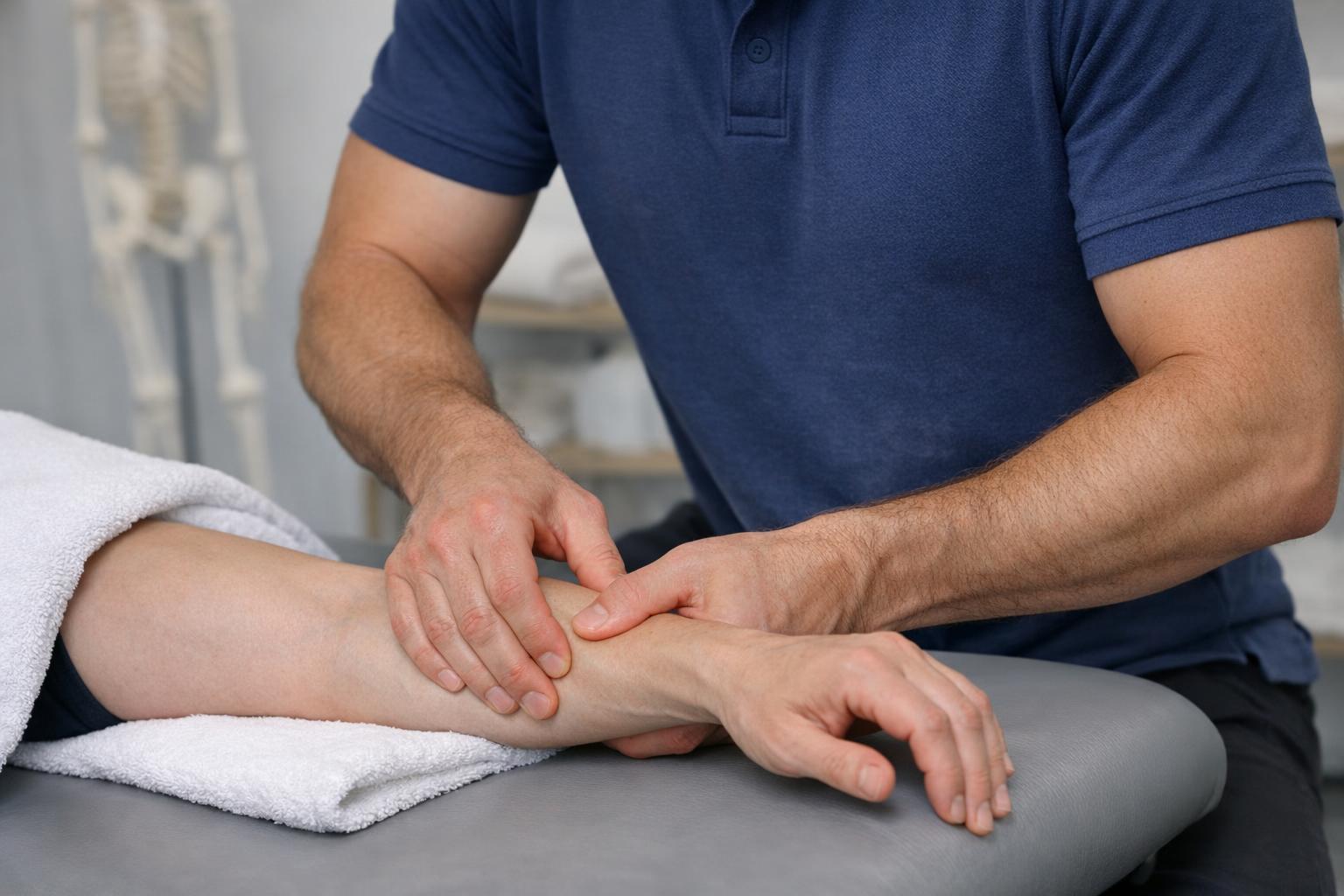 terapeuta wykonujący terapię powięziową na przedramieniu pacjenta