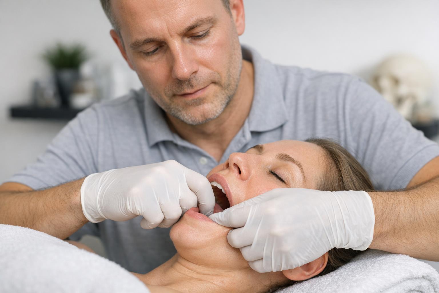 zdjęcie terapeuty wykonującego masaż transbukalny od wewnątrz jamy ustnej