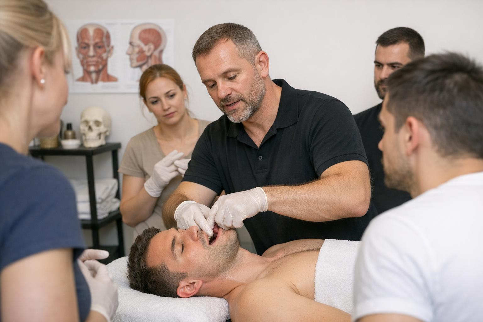 zdjęcie zajęć praktycznych na kursie masażu transbukalnego z modelem i instruktorem