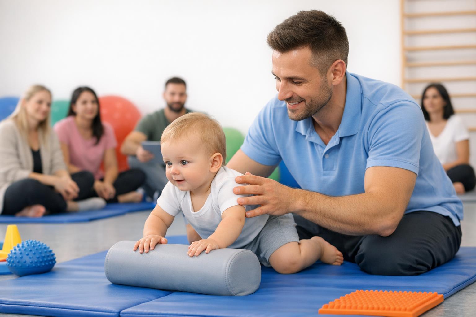 Fizjoterapeuta pracujący z maluchem podczas szkolenia