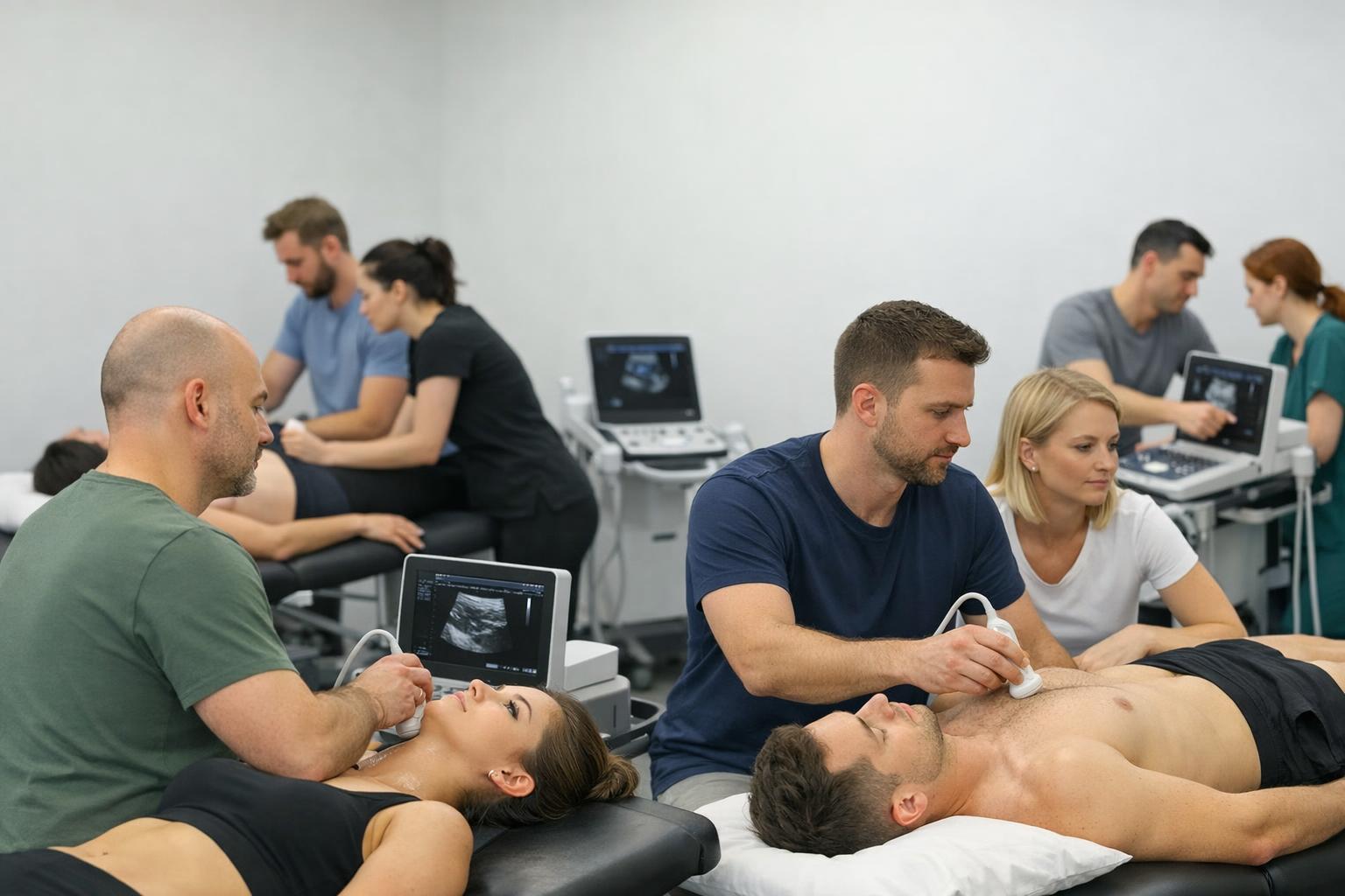 Zdjęcie: grupa fizjoterapeutów ćwiczących skanowanie ultrasonograficzne na modelach podczas kursu