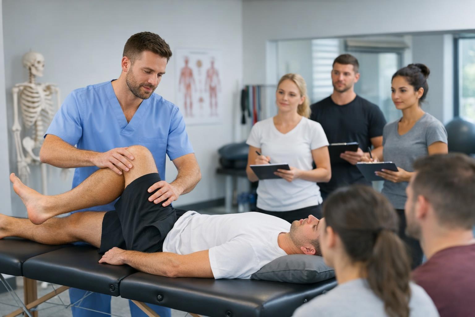 opis zdjęcia: fizjoterapeuta prowadzący szkolenie praktyczne z pacjentem